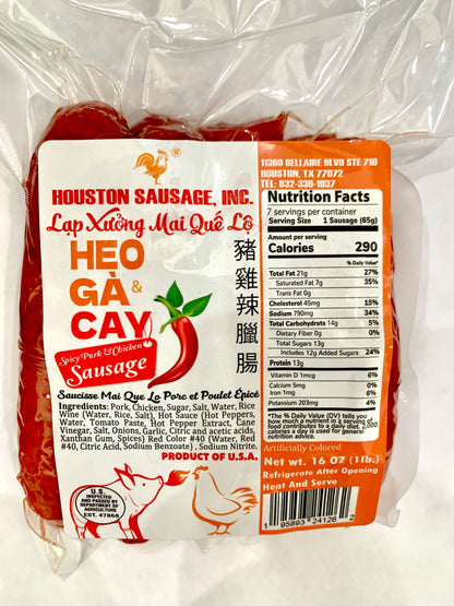Lạp Xưởng Mai Quế Lộ Heo & Gà Cay 16oz | Houston Spicy Pork & Chicken Sausage